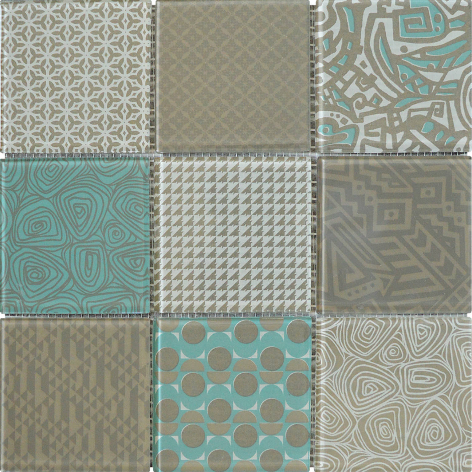 4"X4" Beige Green Glass Geometric Random Pattern Mosaic | In Home Stone