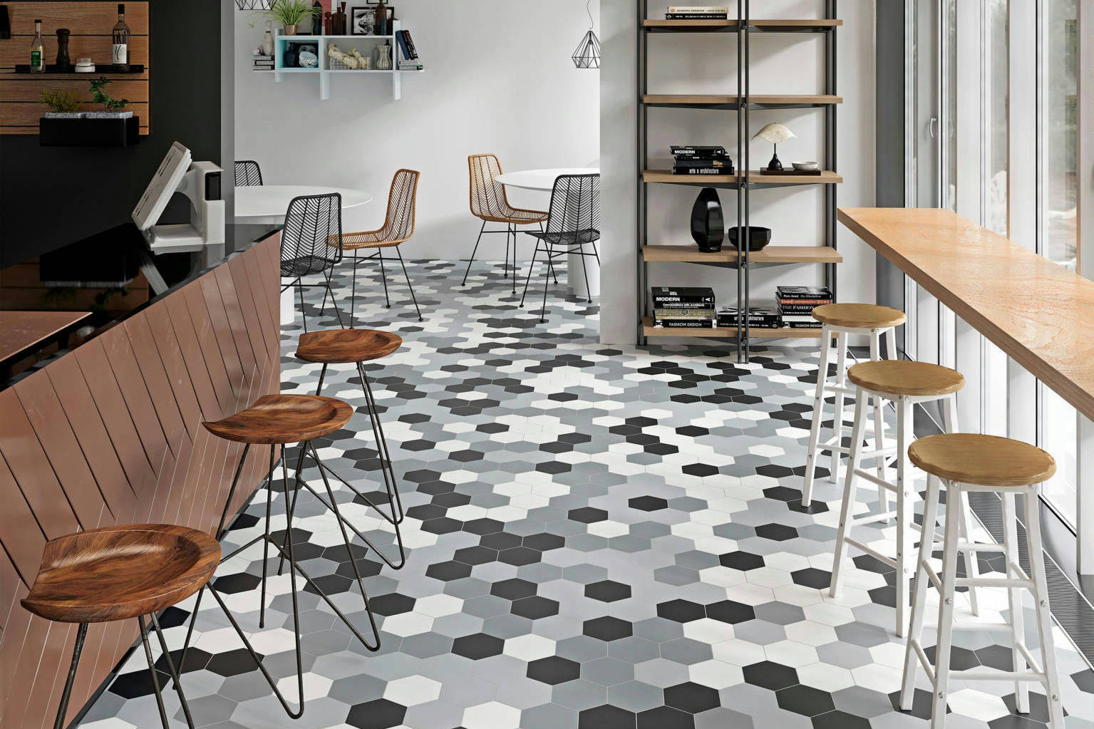 Vida 5.5X6.3” Black, Grey, Pearl, and White Hexagons | In Home Stone